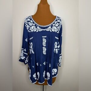 Lula Soul Navy Blue Embroidered Blouse Long Sleeve Size Small